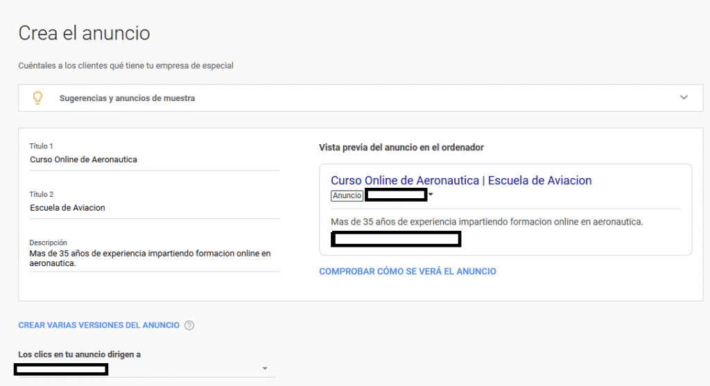 Crea el anuncio AdWords Express