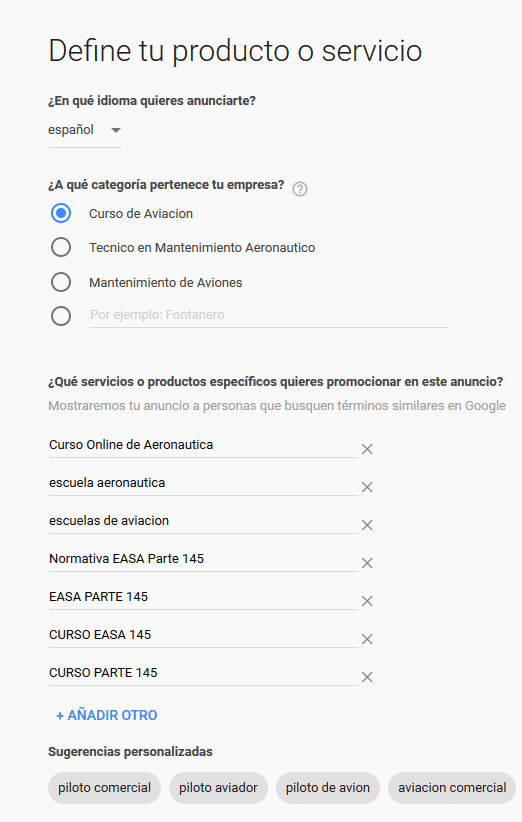 Define tu producto o servicio Adwords